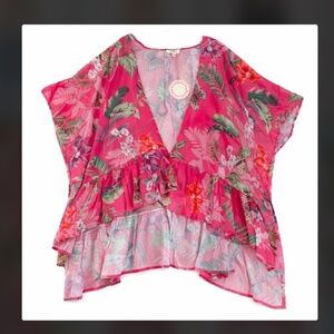 NWT‎ UMGEE Open Kimono S/M Hot Pink Batwing Floral Tropical Swim Cover-Up Satin